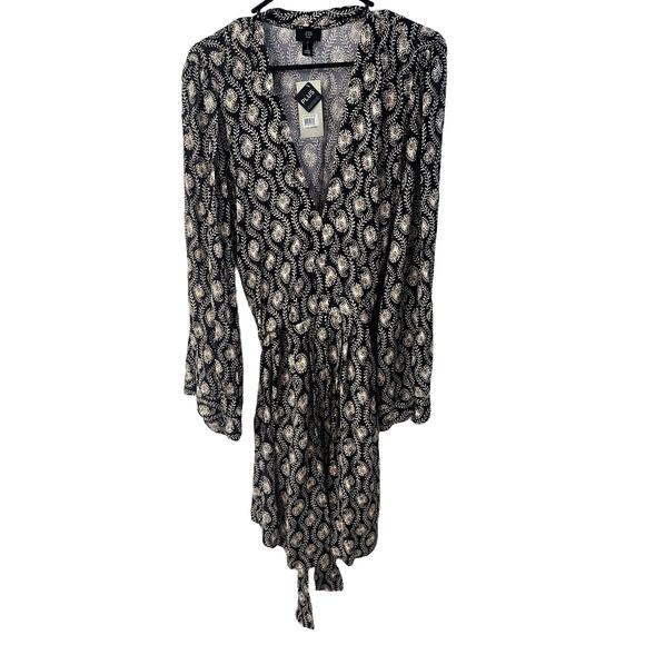 River Island Black & Tan Ethnic Artizan Front Tie Long Sleeve Dress - 18 - Picture 1 of 6
